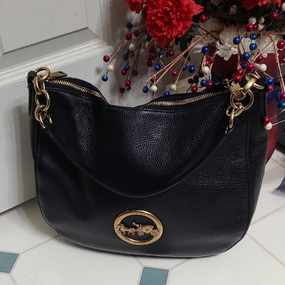 Coach Black Leather Shoulder Bag with Gold Accents - Picture 2 of 9